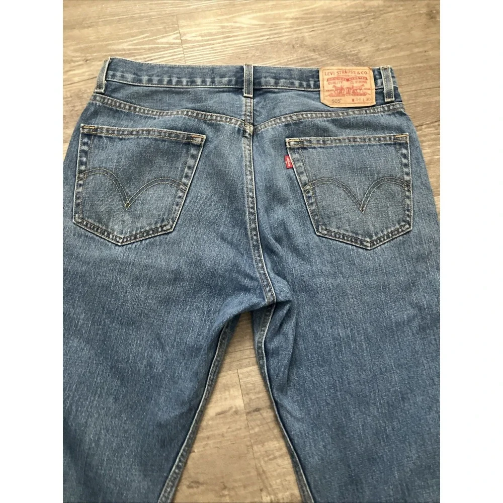 Levi's 505 Men's Blue Denim Jeans Straight Regular Fit Distressed Hole 34/30
